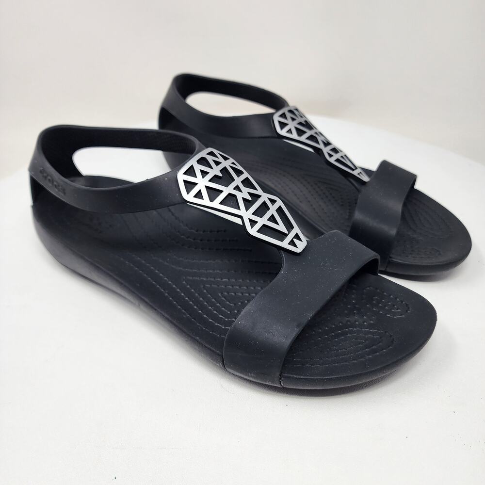 Crocs Serena Sexi Sandals Women 7 Black with Silver Diamond T-Strap Comfort - Picture 2 of 12